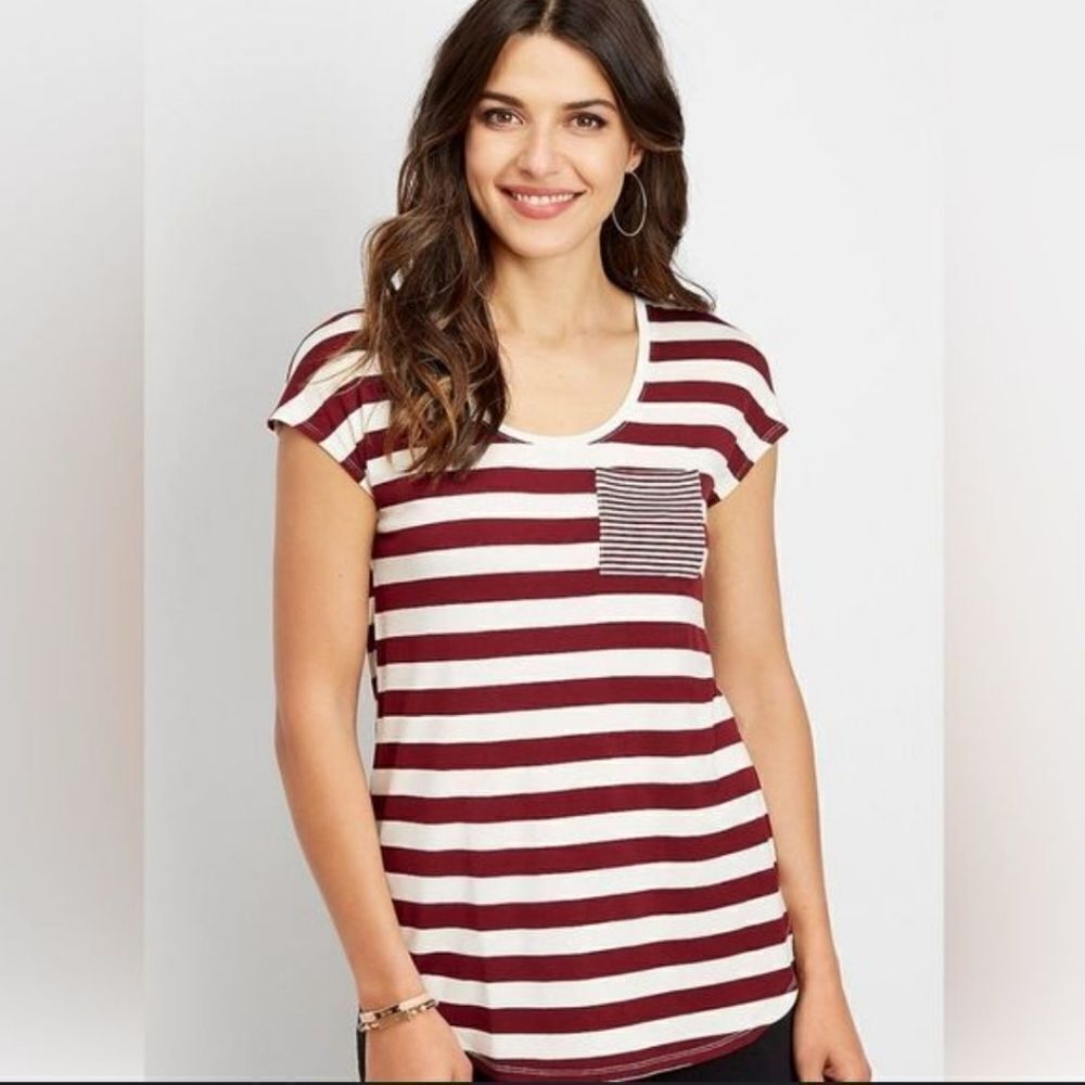 24/7 Maurices Stripe Print Pocket Dolman Tee Burgundy and White Size Medium